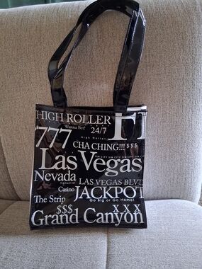 Black Las Vegas Graphic Vinyl Tote Bag NWOT